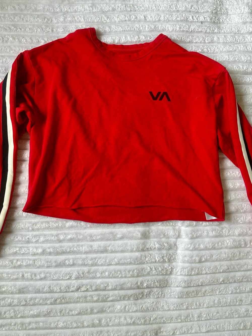 RVCA Red Cropped Long Sleeve Top with Black & White Sleeve Stripes